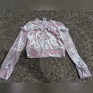XS 4/5 girl velvet bomber jacket pink ruffles